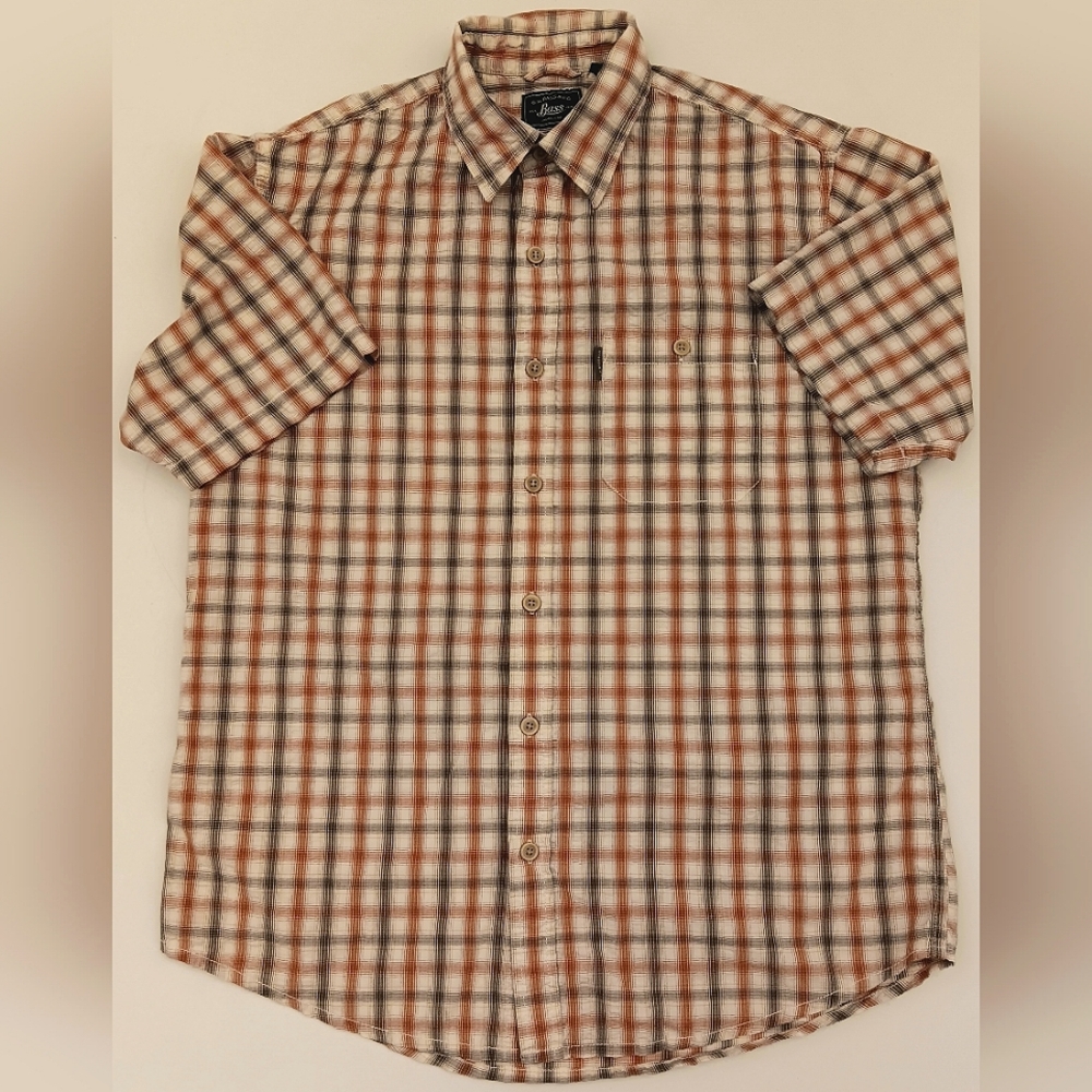 Bass cotton blend blur plaid short sleeve button down. Medium.